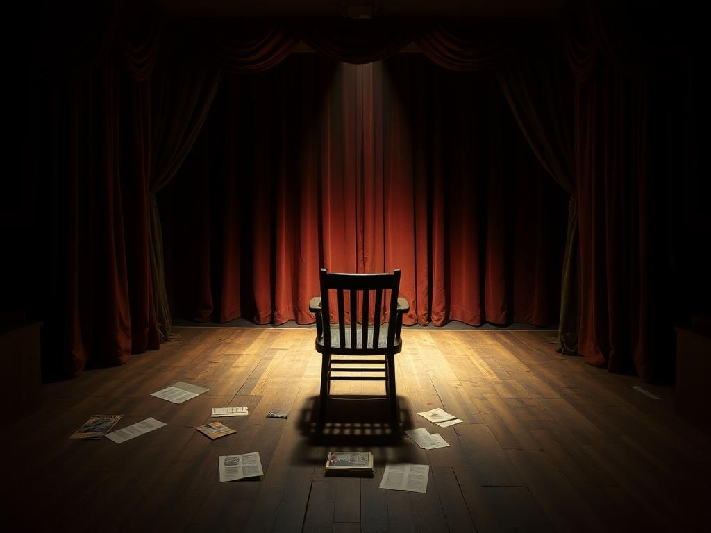 Flick International A dimly lit theater stage with an empty wooden actor's chair and scattered playbills, symbolizing lost opportunities.