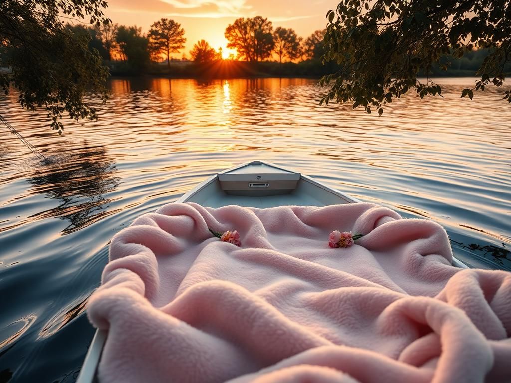 Flick International A serene scene of a small boat on a calm lake at sunset with a pastel blanket