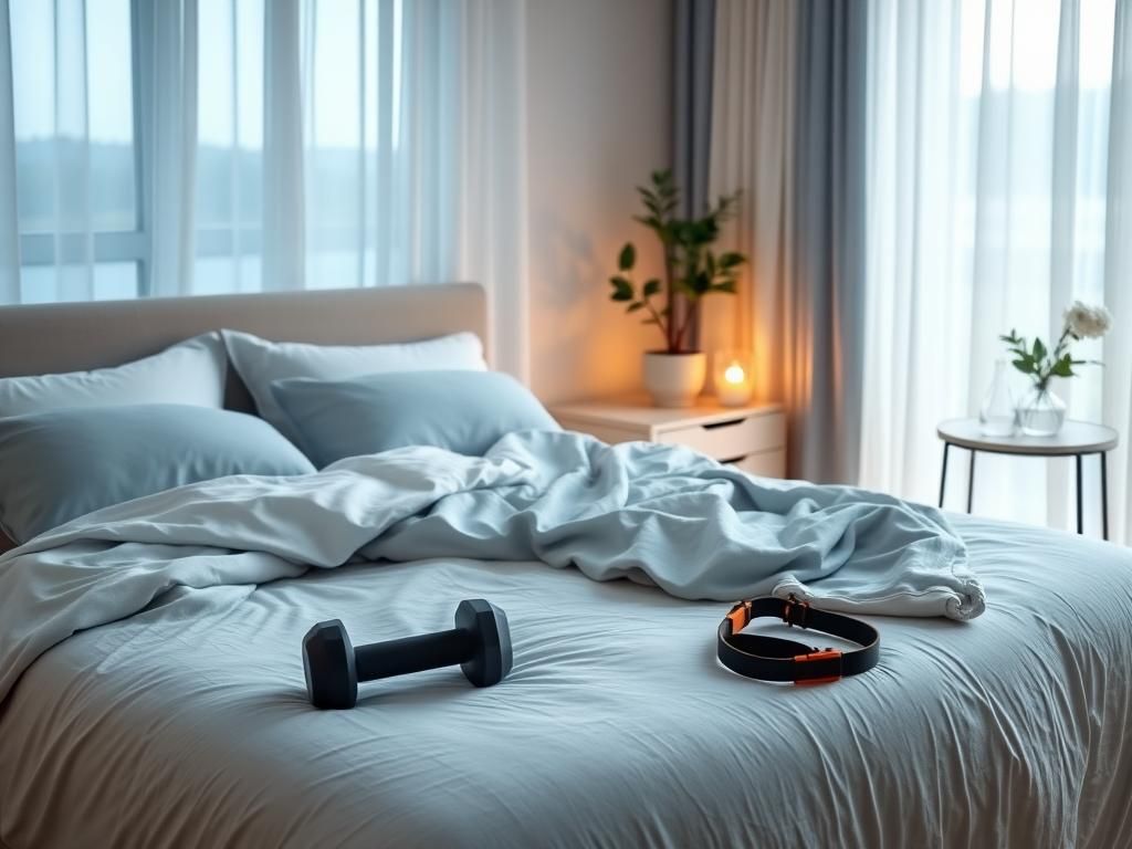 Flick International A serene bedroom with a neatly made bed and exercise equipment illustrating sleep quality