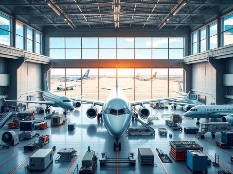 Flick International Modern airport hangar with aircraft undergoing maintenance