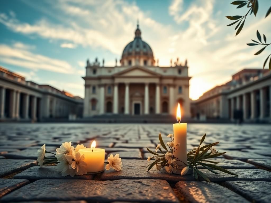 Flick International Grand façade of St. Peter's Basilica bathed in morning light with a small illuminated candle and fresh white flowers in the foreground