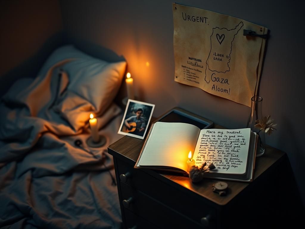 Flick International Dimly lit room with a single unmade bed and a candle illuminating a photo of Alon holding a guitar