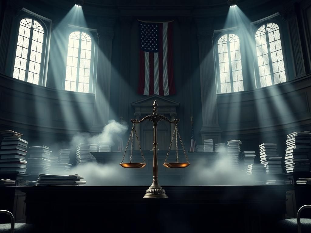 Flick International A dramatic courtroom scene with a judge's bench and scales of justice.