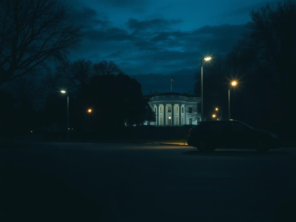 Flick International Nighttime scene of the west side of the Eisenhower Executive Office Building near the White House, with a dimly lit street and a parked car.