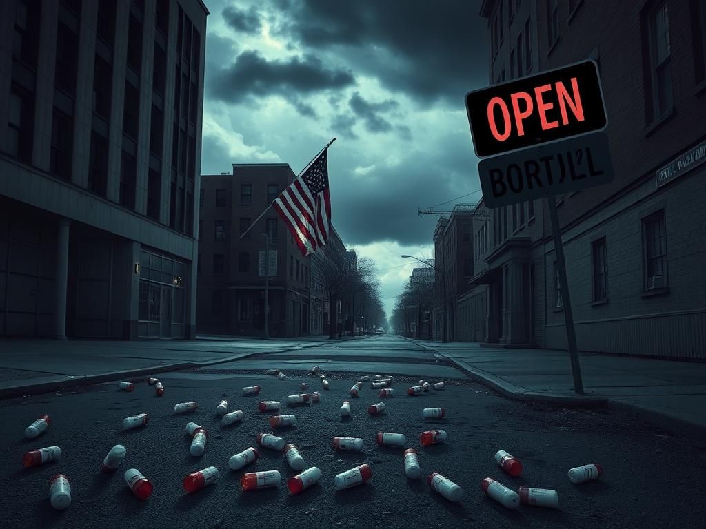 Flick International Dimly lit urban street with empty prescription pill bottles, symbolizing the fentanyl crisis