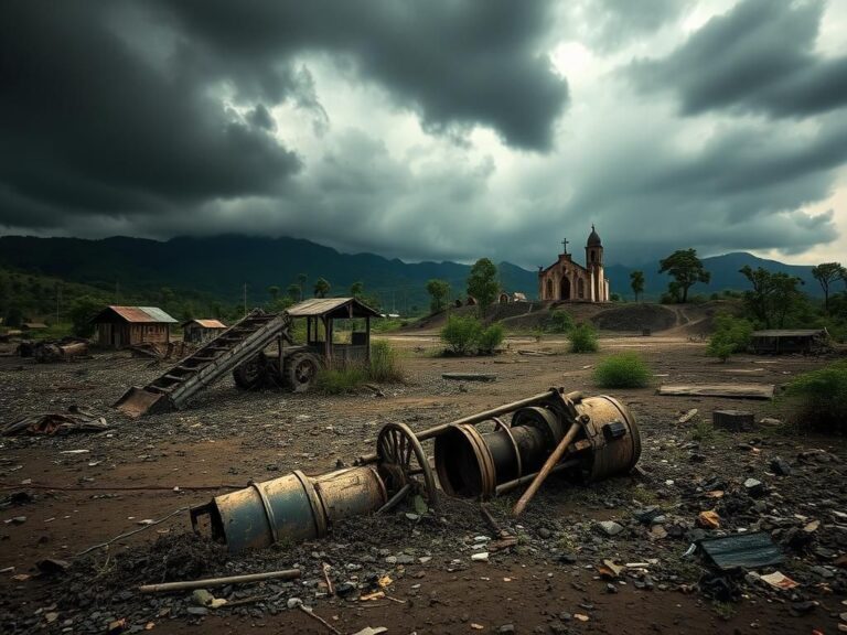 Flick International Desolate landscape of the Democratic Republic of Congo, with abandoned mining equipment and ominous storm clouds