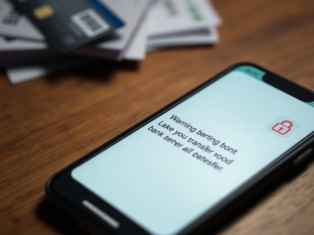 Flick International Smartphone displaying suspicious bank transfer alert text on a wooden table