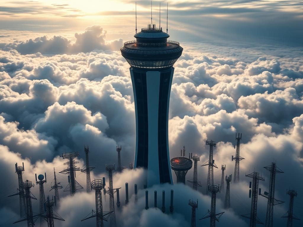 Flick International Aerial view of a modern air traffic control tower surrounded by clouds and a dramatic sky