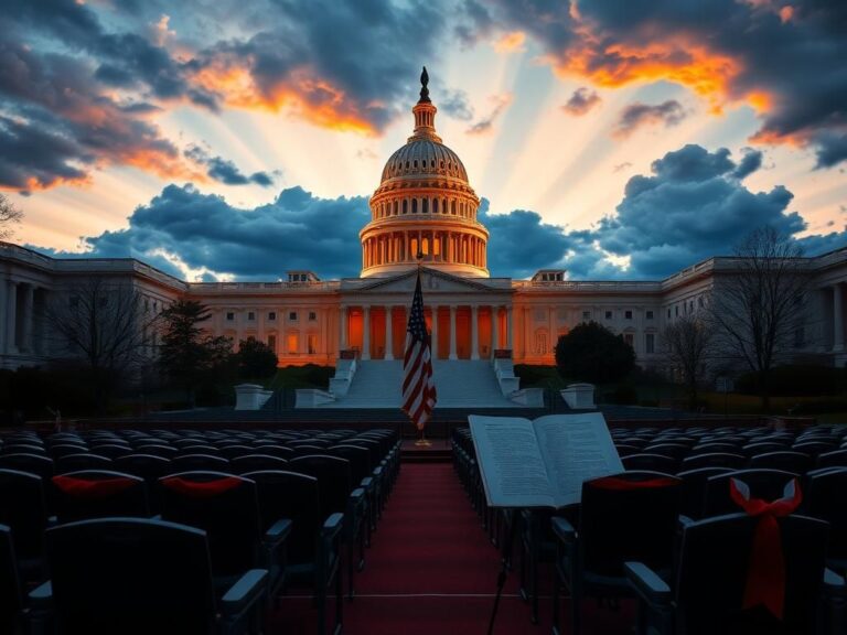 Flick International Grand view of the U.S. Capitol building at dusk with empty chairs in the House chamber