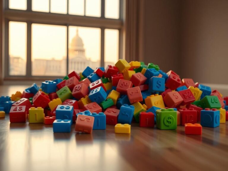 Flick International Colorful toy building blocks representing childhood and innocence scattered on a wooden floor