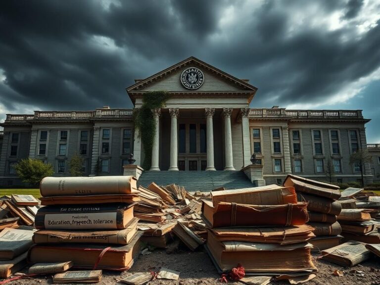 Flick International A crumbling university building with stormy skies symbolizing rising antisemitism