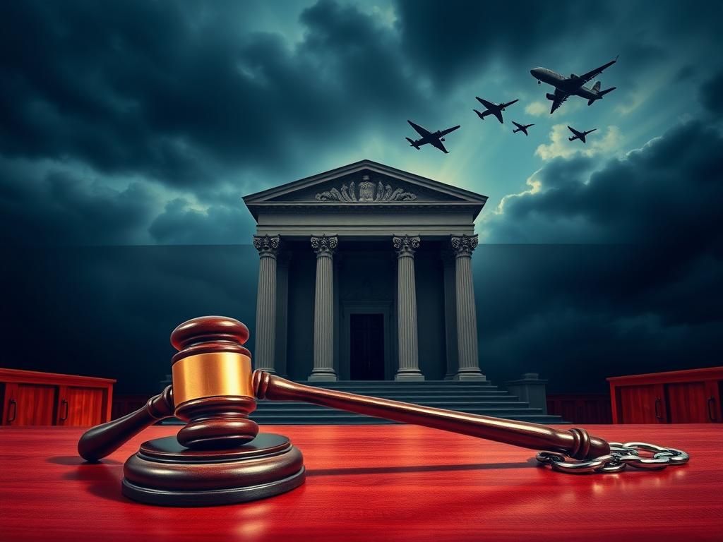 Flick International A powerful courtroom scene depicting justice with a gavel and looming storm clouds