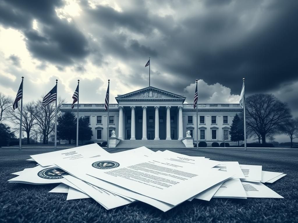 Flick International Exterior view of a federal government building with flags at half-mast and scattered termination letters