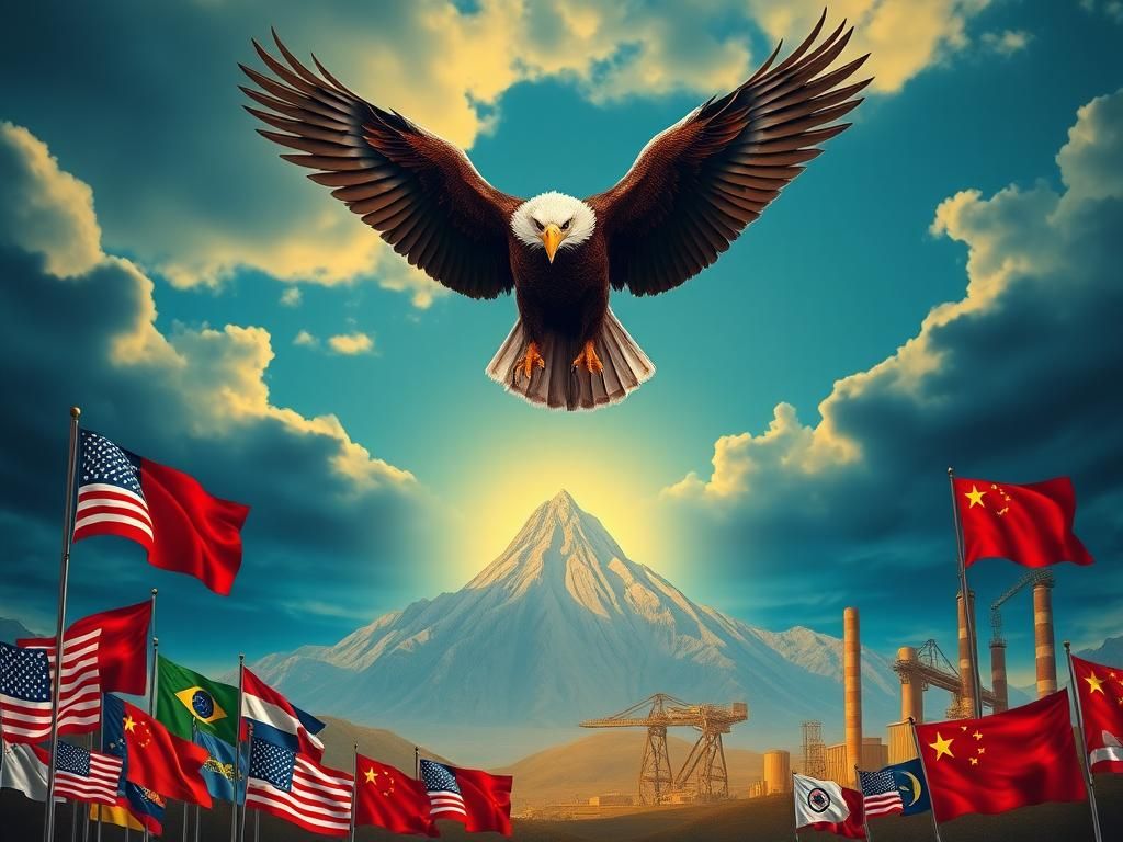 Flick International American bald eagle soaring above a landscape of international flags symbolizing trade negotiations