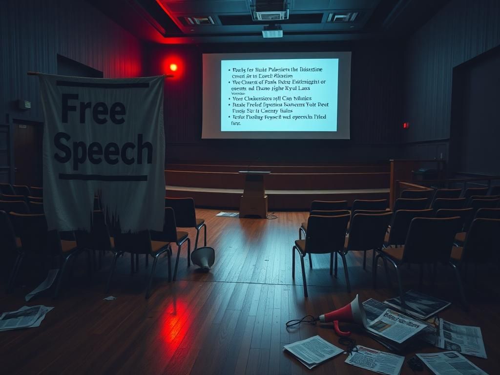 Flick International Dimly lit auditorium with scattered chairs and an empty podium after the disrupted event