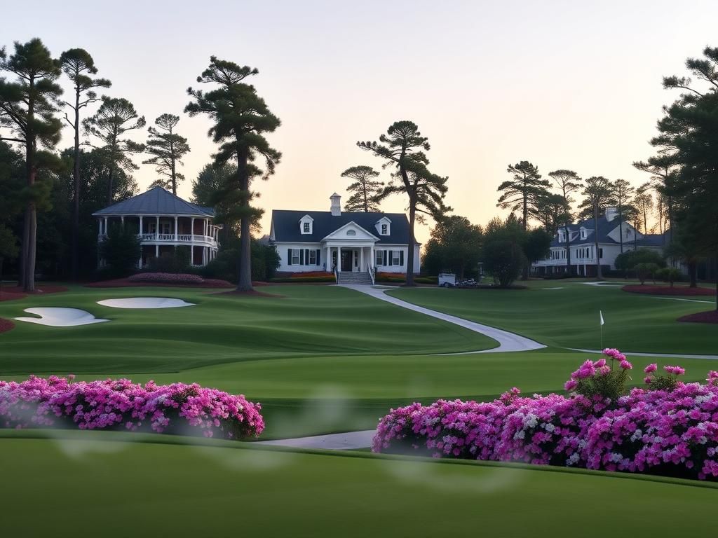 Flick International A serene dawn view of Augusta National Golf Club with iconic clubhouse and blooming azaleas