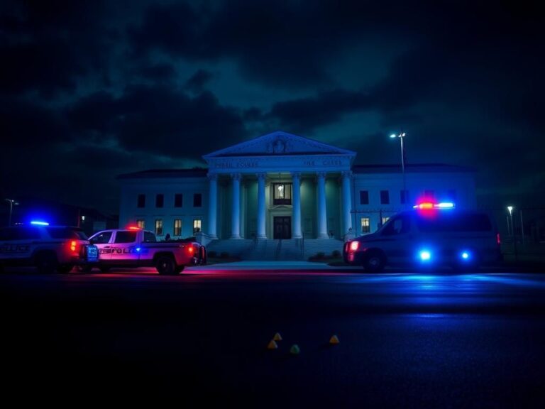 Flick International Dramatic nighttime scene outside federal courthouse with law enforcement presence