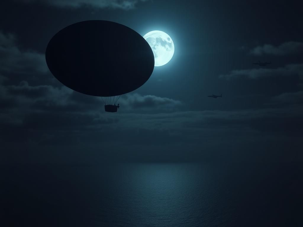 Flick International Large translucent balloon drifting ominously in the night sky over a calm ocean