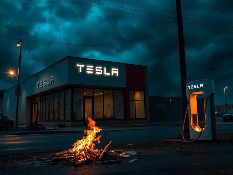Flick International Vandals attack a Tesla dealership with shattered windows and graffiti at night.
