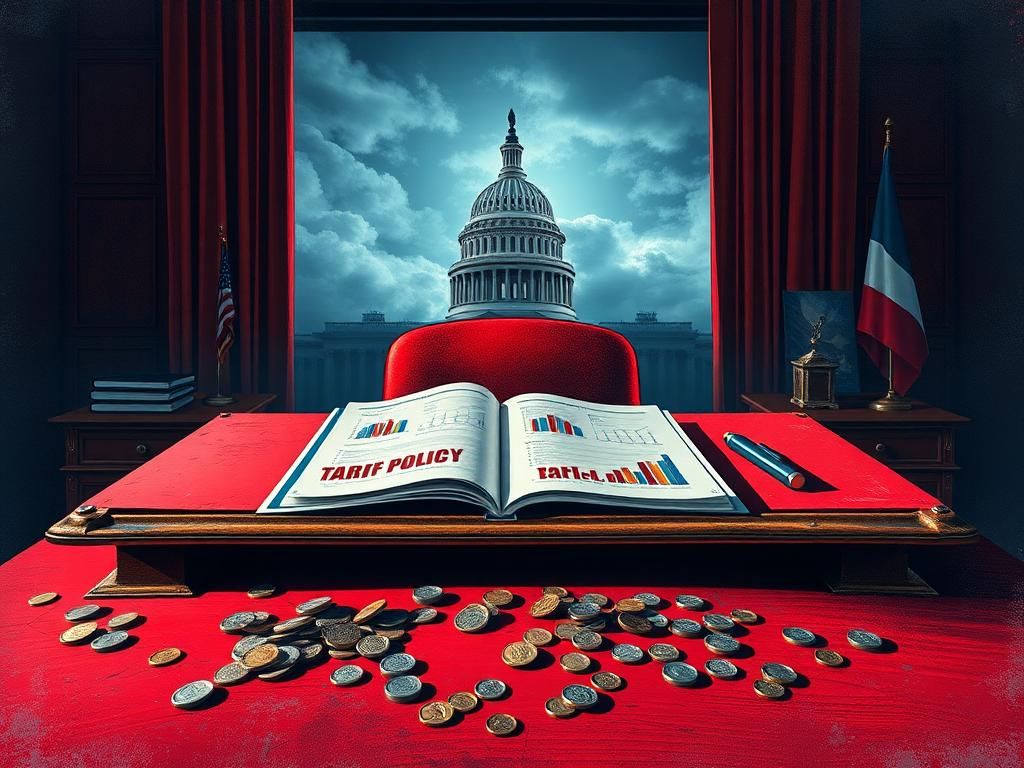 Flick International Abstract representation of political tension with a worn desk and tariff policy document