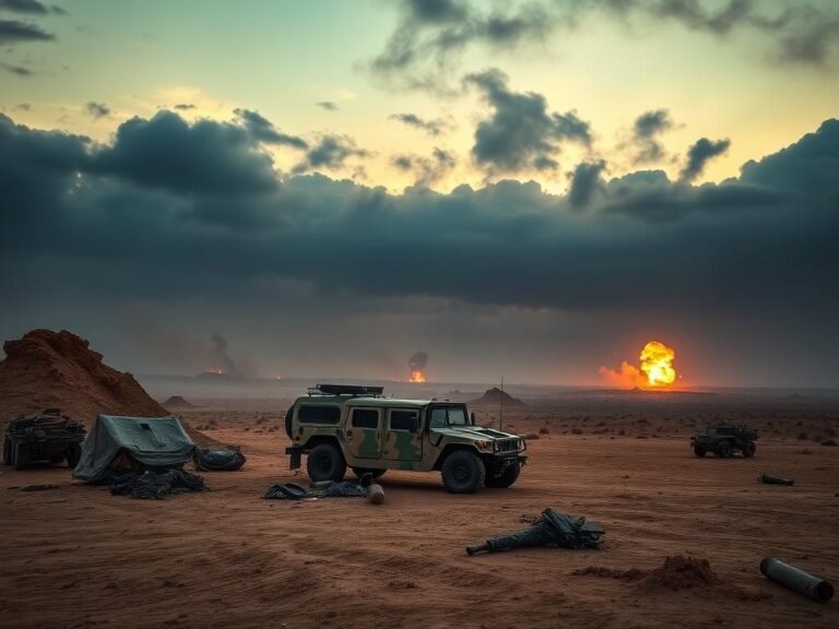 Flick International Dynamic battlefield landscape in Iraq at dusk showcasing abandoned military equipment