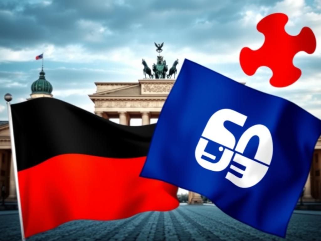 Flick International Juxtaposition of Christian Democratic Union and Social Democrats flags with Berlin skyline