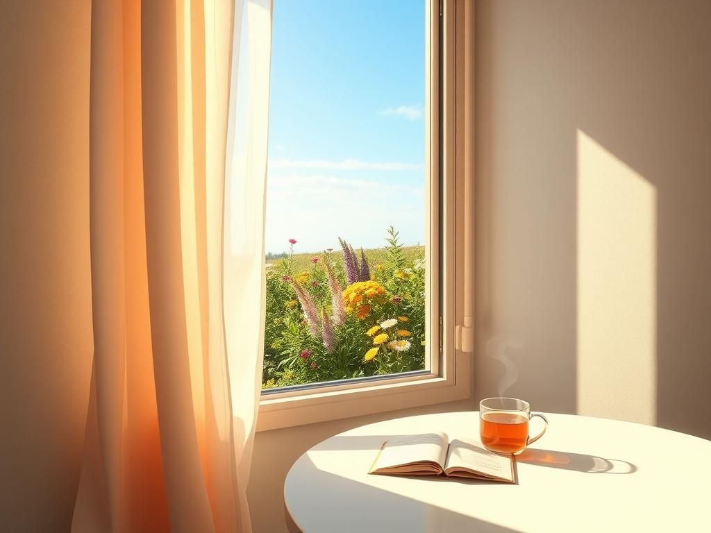 Flick International A serene scene of an open window with swaying curtains and a vibrant garden