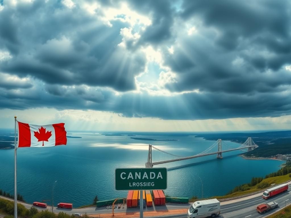 Flick International Panoramic view of the Canada-U.S. border with flags and border crossing sign