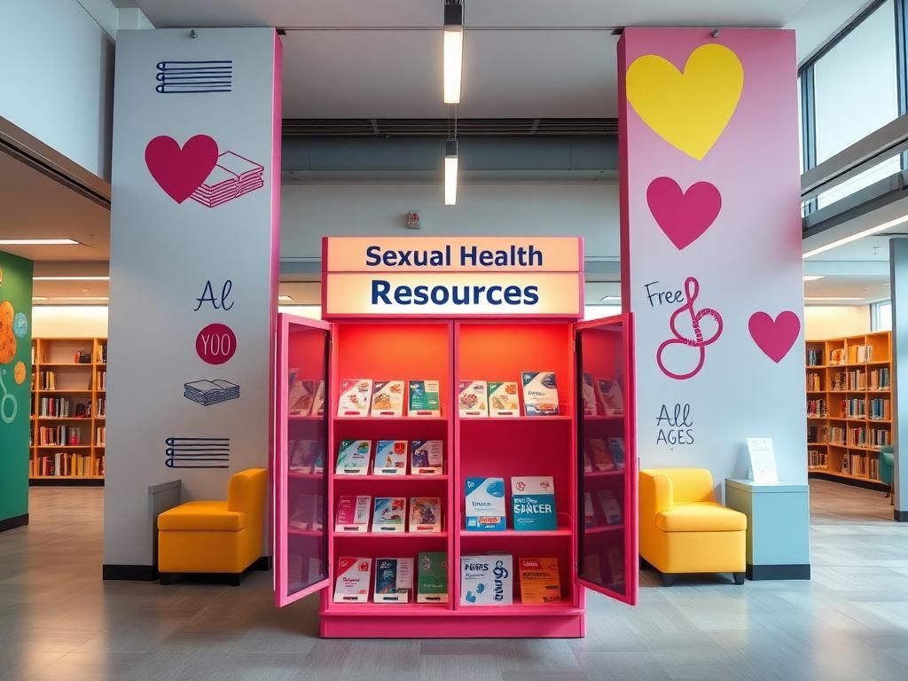 Flick International Modern library interior showcasing a cabinet labeled 'Sexual Health Resources' filled with condoms and educational materials