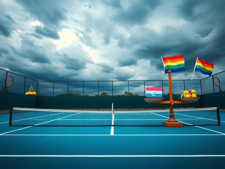 Flick International A tense tennis court with symbolic scales illustrating the debate on transgender inclusion in sports