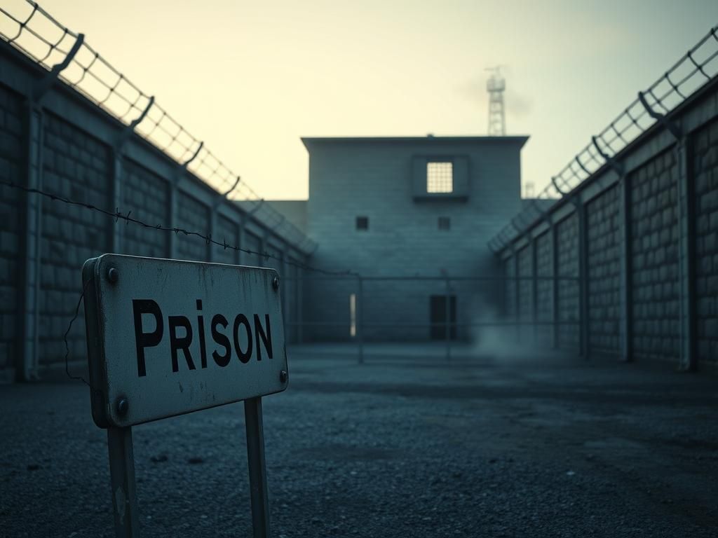 Flick International A stark prison courtyard with imposing grey stone walls and a weathered metal sign