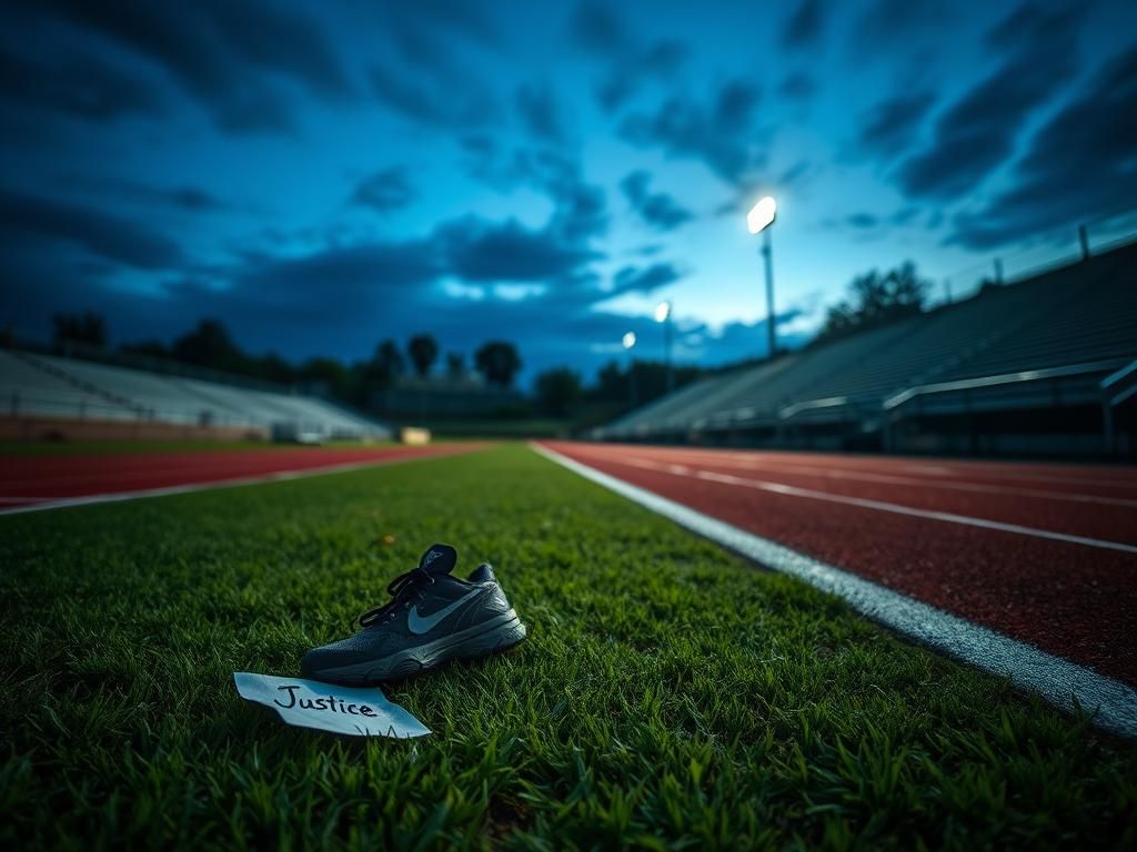 Flick International Empty high school track stadium at dusk with a discarded sports shoe and a paper reading 'Justice'