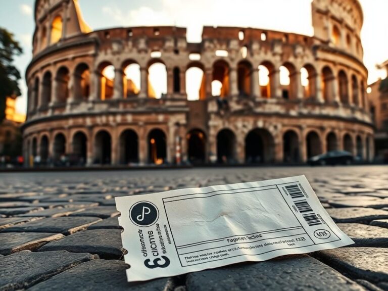 Flick International A wide-angle view of the Colosseum with a worn ticket on cobblestones