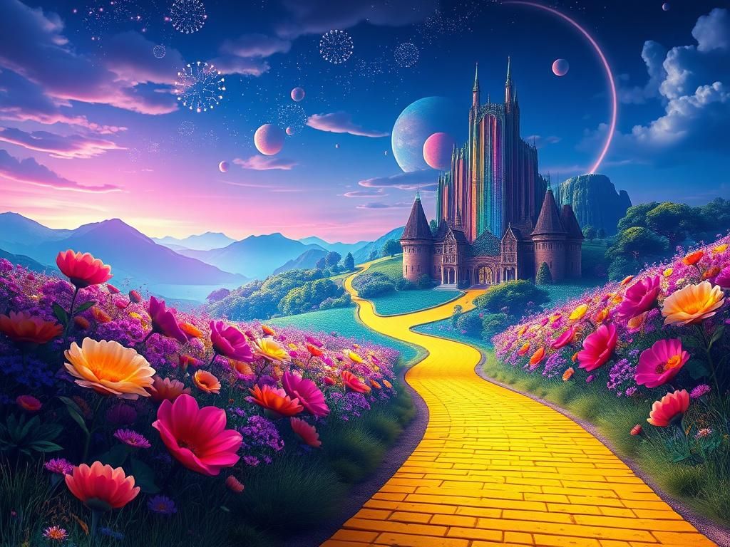 Flick International Abstract landscape inspired by 'The Wizard of Oz' featuring a surreal yellow brick road and digitally enhanced Emerald City