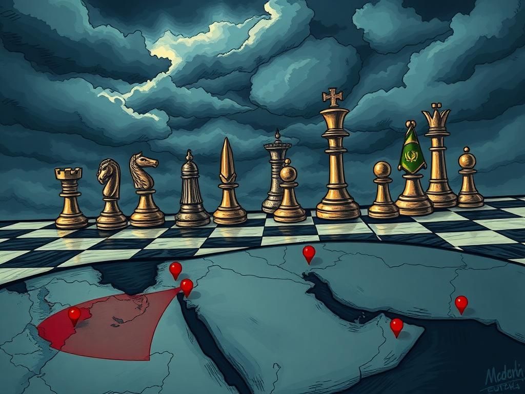 Flick International Dramatic chessboard scene representing geopolitical tension between the US and Iran