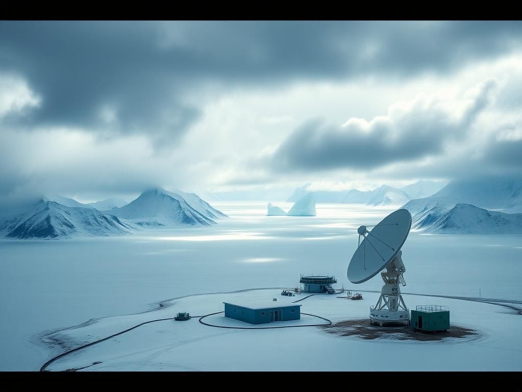 Flick International Aerial view of Pituffik Space Base in Greenland surrounded by snow-covered landscapes and mountains