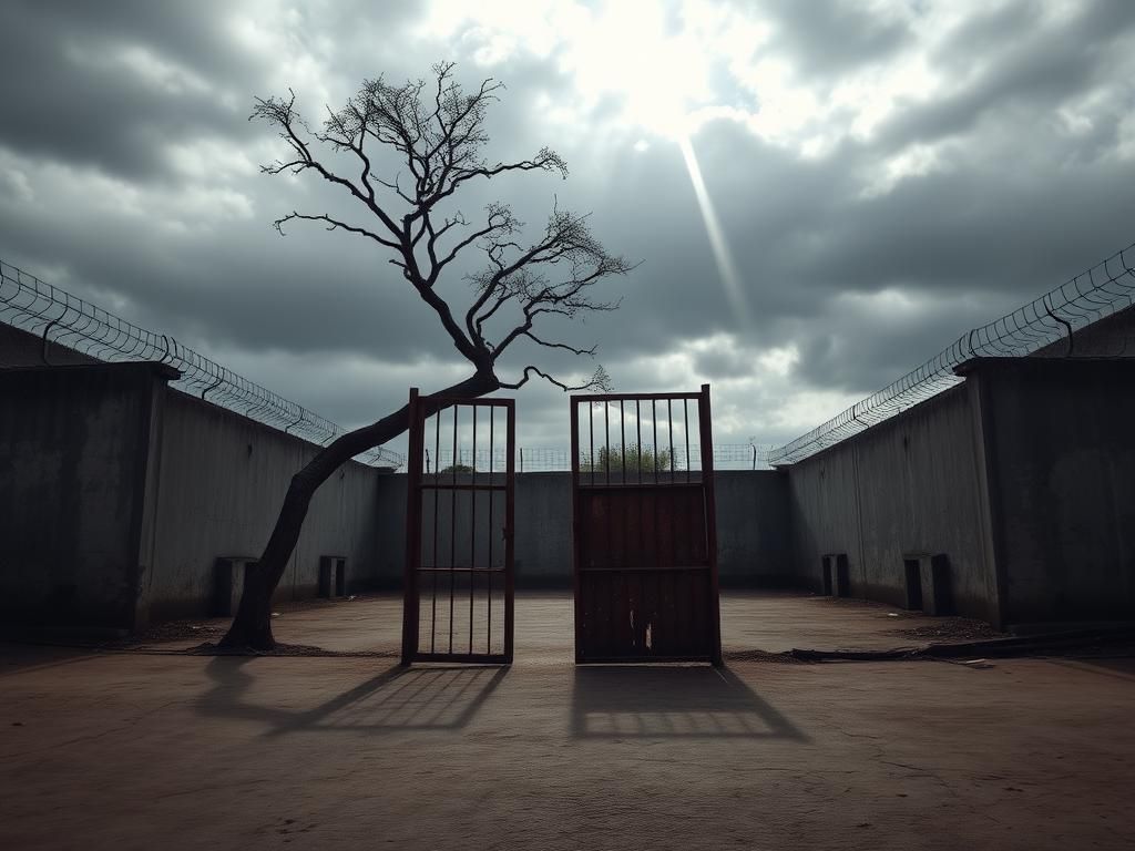 Flick International Empty prison yard in El Salvador with a weathered gate symbolizing freedom and constraints