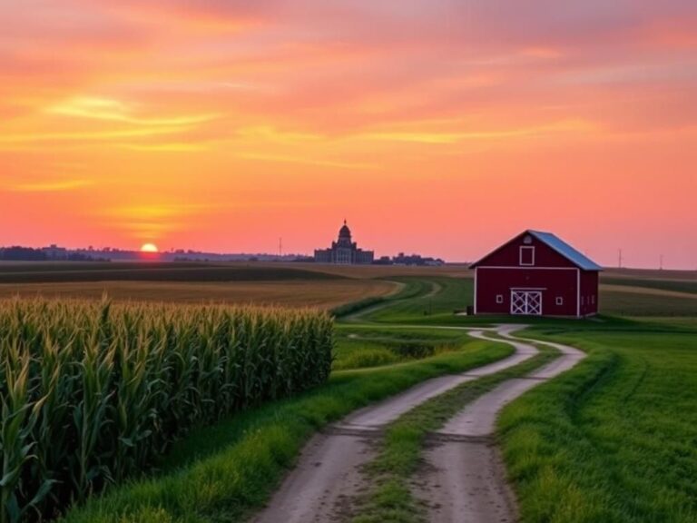 Flick International Serene Iowa sunset over rolling cornfields with a classic red barn