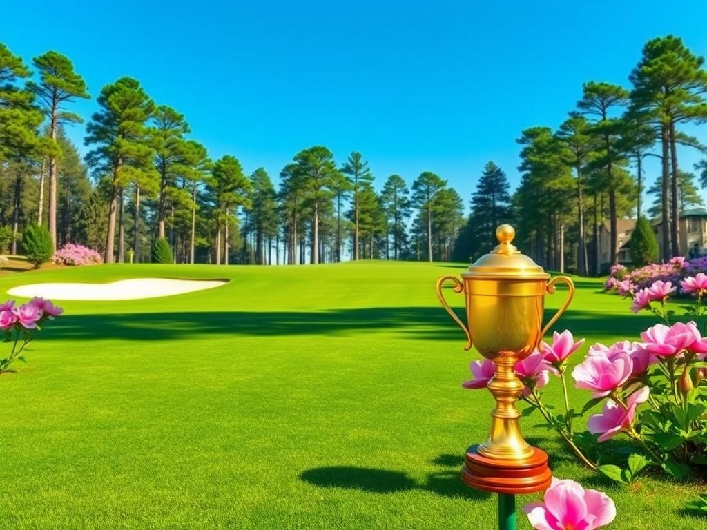 Flick International Serene golf course scene at Augusta National with colorful azaleas and a golden trophy