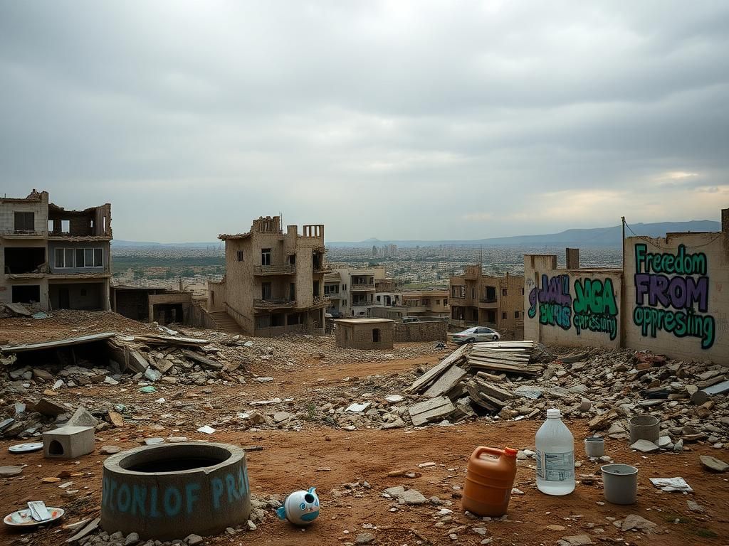 Flick International Desolate urban landscape in the Gaza Strip showing crumbling buildings and signs of destruction