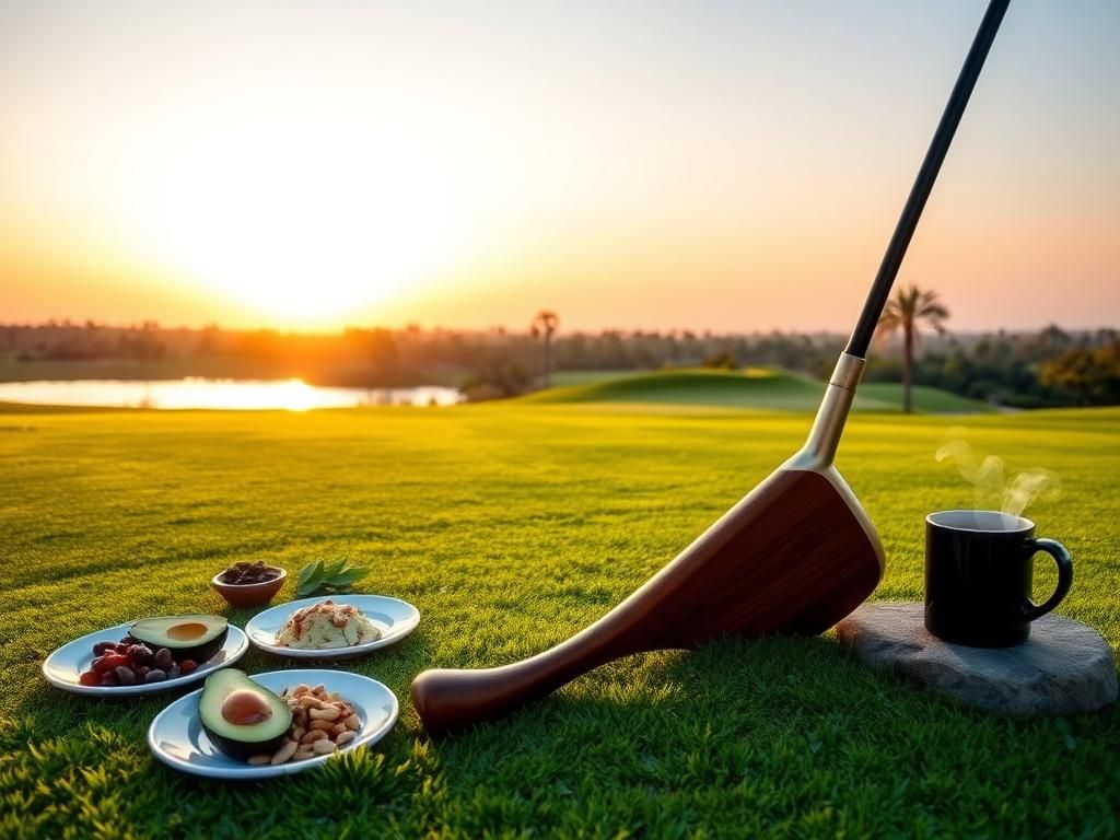 Flick International A serene golf landscape at dawn with a wooden golf club and nutritious foods symbolizing Phil Mickelson's weight loss diet