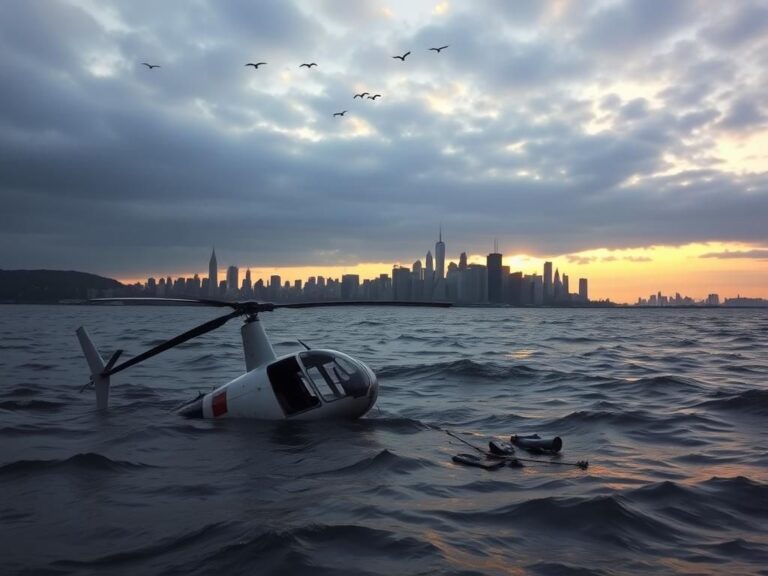 Flick International Remnants of a helicopter fuselage submerged in the Hudson River at dusk