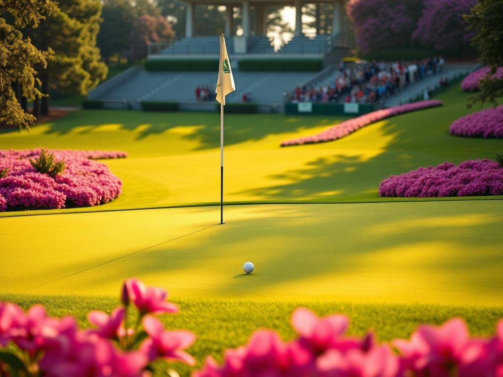 Flick International A close-up view of the 18th hole at Augusta National Golf Club with a golf ball near the hole and vibrant azalea flowers in bloom