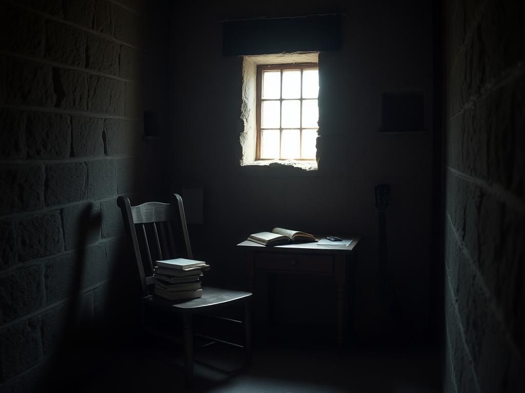 Flick International Dimly lit prison cell with a wooden chair and desk stacked with books