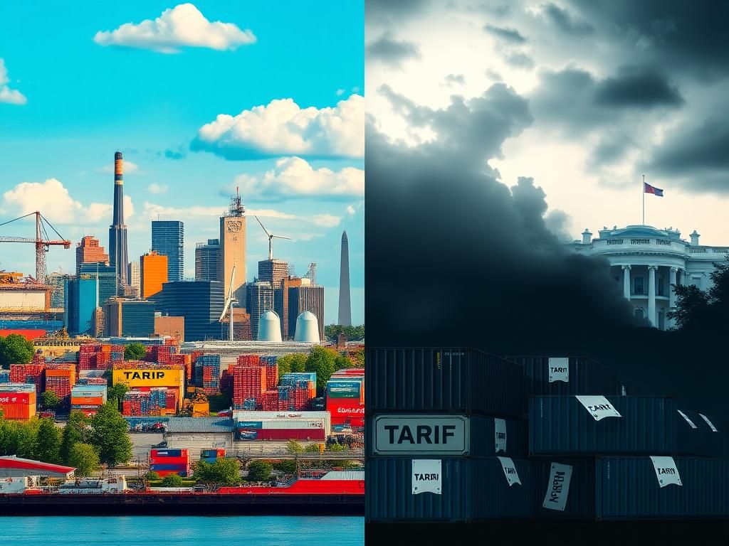Flick International Split-scene image contrasting a vibrant Michigan cityscape with tariff-related documents and a stormy sky.