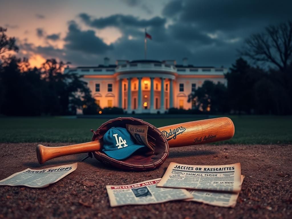 Flick International Classic baseball bat and glove crossed on a baseball diamond with the White House in the background during twilight