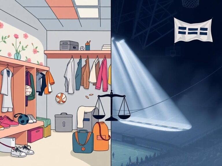 Flick International Split-scene image depicting the debate over transgender athletes in women's sports, featuring a serene women's locker room and a shadowy sports arena