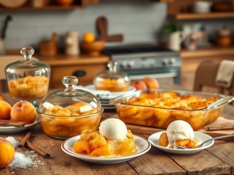 Flick International A rustic kitchen table featuring a variety of peach cobbler dishes, highlighting warmth and homeliness.