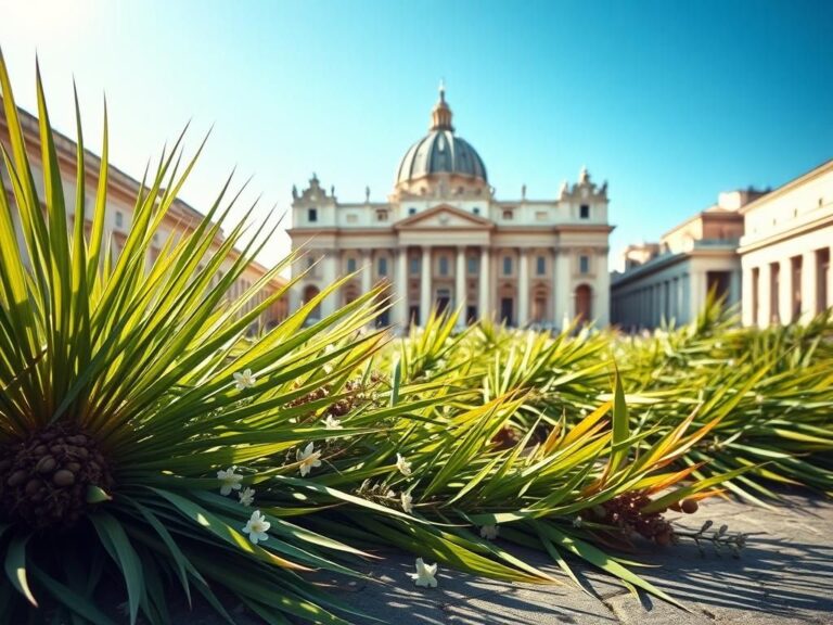 Flick International A serene view of Saint Peter's Square with palm fronds during Palm Sunday