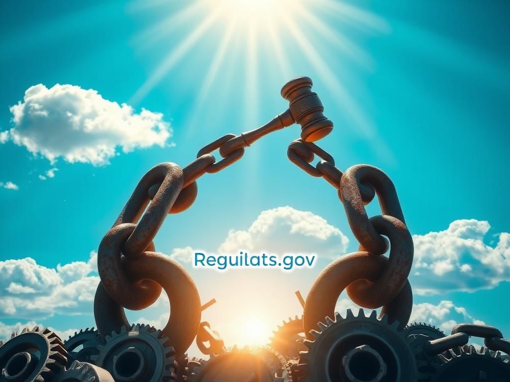 Flick International A weathered pair of large, rusty chains breaking apart, symbolizing the dismantling of government regulations